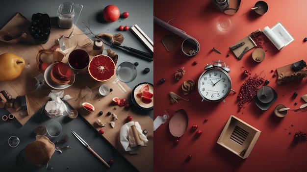 Eine rote Uhr und eine rote Uhr auf einem Tisch mit dem Wort "Zeit" oben drauf.