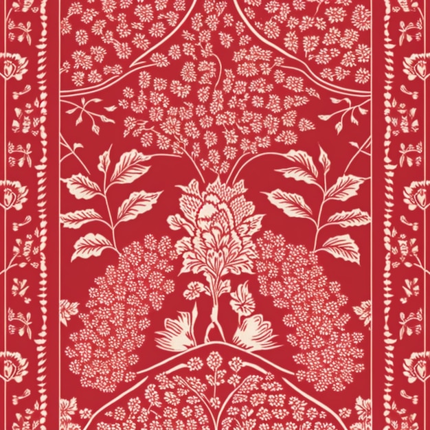 eine rote und weiße blumige Tapete mit Vögeln und Blumen