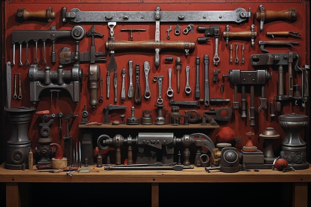 Eine rote Wand mit rotem Hintergrund und einer Reihe von Werkzeugen darauf