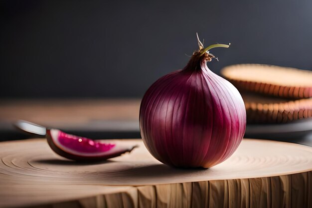 Eine rote Zwiebel auf einem Holzbrett, halbiert.