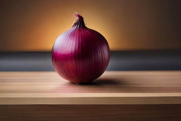 Eine rote Zwiebel auf einem Holztisch mit braunem Hintergrund.