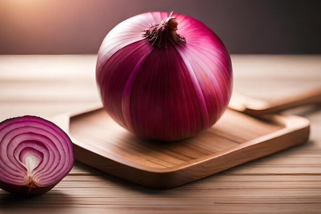 Eine rote Zwiebel und ein Holzschneidebrett mit einer lila Zwiebel darauf.