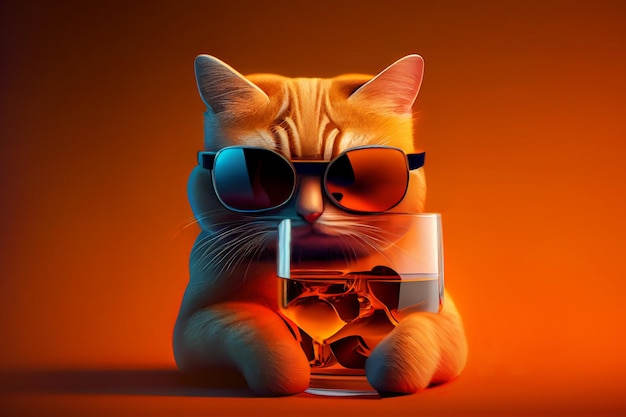 Eine rothaarige coole Katze mit Sonnenbrille und einem Glas Whiskey Das Konzept der Werbung für Alkoholiker