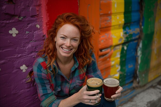 Eine rothaarige Frau mit zwei Bechern Bier feiert den St. Patrick's Day