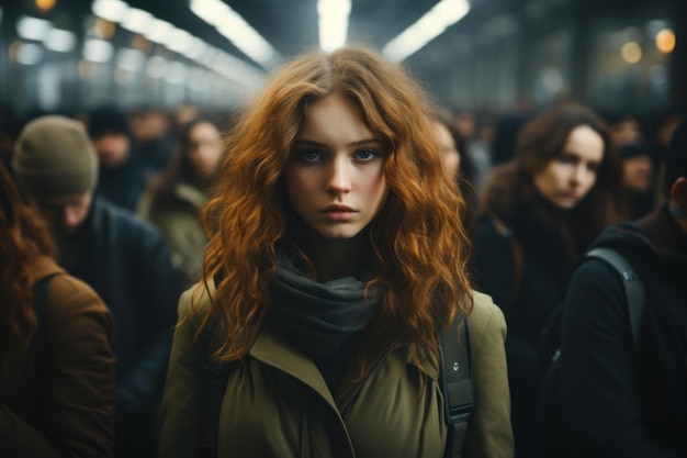 Eine rothaarige Frau steht in einer U-Bahn