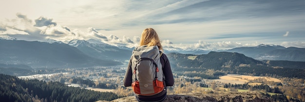 Foto eine rucksackreisende genießt die aussicht am rande einer berggipfelklippe