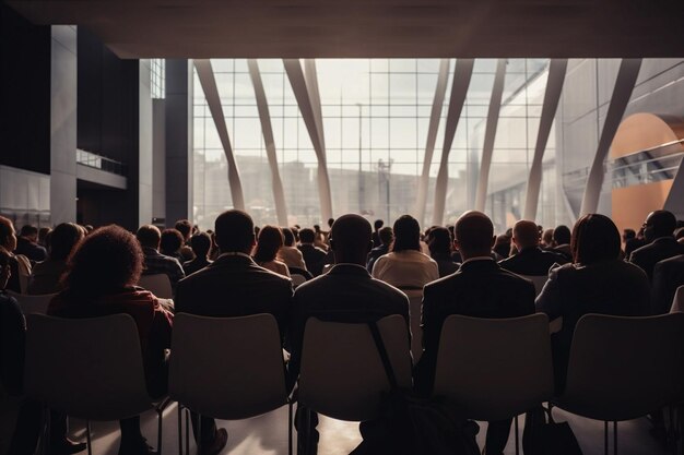 Eine Rücksicht auf ein Publikum, das in einem modernen Konferenzraum mit einer Glasfassade sitzt, deutet auf eine Unternehmens- oder Bildungsveranstaltung hin und könnte für Seminare oder Firmenversammlungen verwendet werden