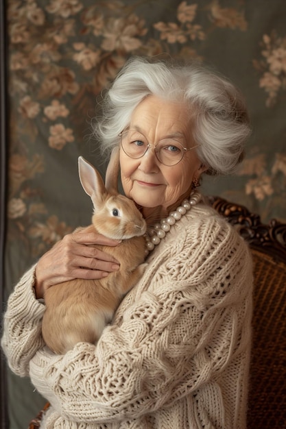 Eine ruhige ältere Frau in einem gemütlichen Pullover umarmt ein braunes Kaninchen, ergänzt durch einen vintage Blumen-Hintergrund, der für Konzepte wie Nostalgie oder den Komfort von Haustieren verwendet werden könnte