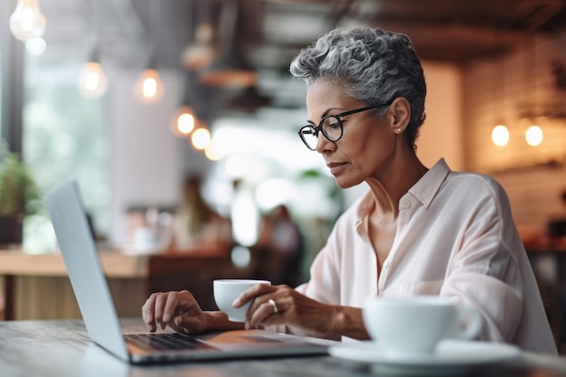 Eine ruhige alte lateinamerikanische IT-Frau, die an einem Kaffeehaustisch sitzt, studiert auf ihrem Laptop, trinkt Tee und verkörpert das mobile, freiberufliche Bürokonzept „Generative AI“.