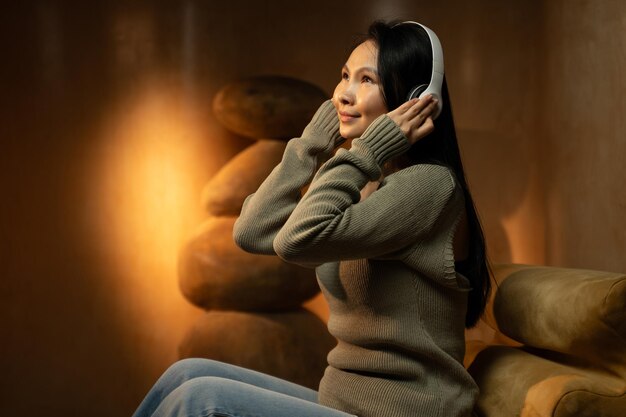 Foto eine ruhige asiatische frau genießt am abend musik mit kopfhörern in einem gemütlichen zimmer