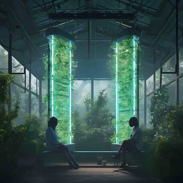 Eine ruhige Begegnung mit ätherischen biolumineszierenden Säulen im Gewächshaus