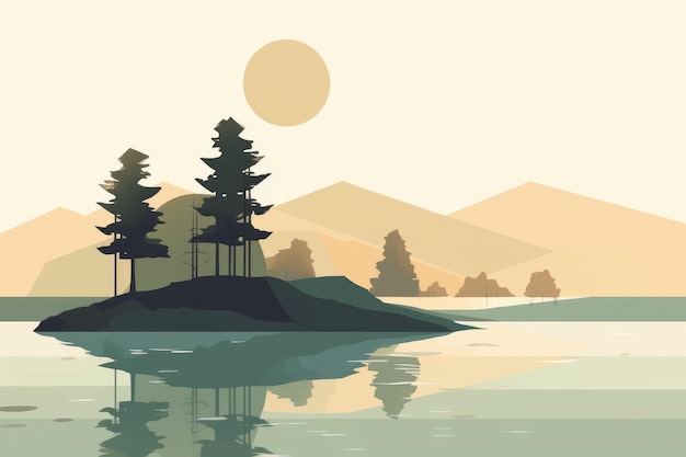 Eine ruhige Bergseelandschaft, dargestellt in einer minimalistischen Illustration. Sanfte und gedeckte Farben