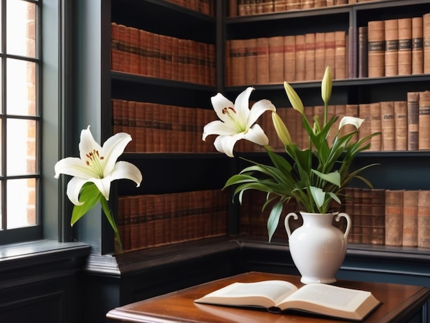 Eine ruhige Bibliotheksecke mit weißen Lilien, die die Bücherregalen schmücken