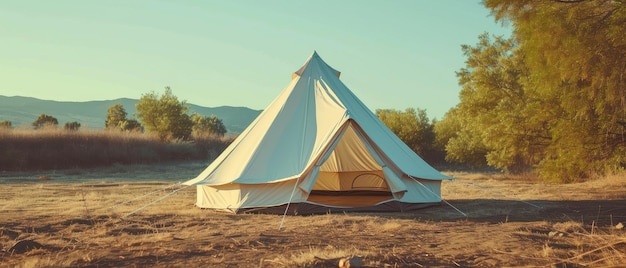 Eine ruhige Camping-Szene mit einem geräumigen Glockenzelt