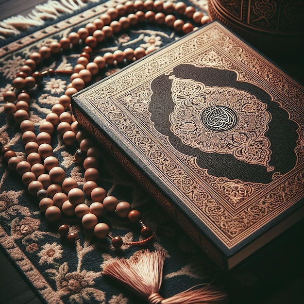 Eine ruhige Einstellung von Gebetsperlen Tasbih und einem geschlossenen Koran
