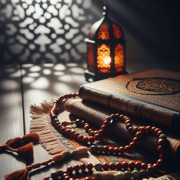 Foto eine ruhige einstellung von gebetsperlen tasbih und einem geschlossenen koran