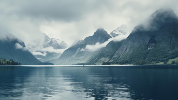 Eine ruhige Fjordlandschaft mit Bergen und Wolken