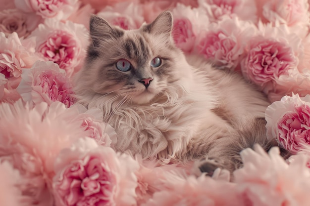 Eine ruhige, flauschige Katze, die sich unter weichen, rosa Pfeonenblumen entspannt, eine elegante Katze mit blauen Augen in Blumenfarben