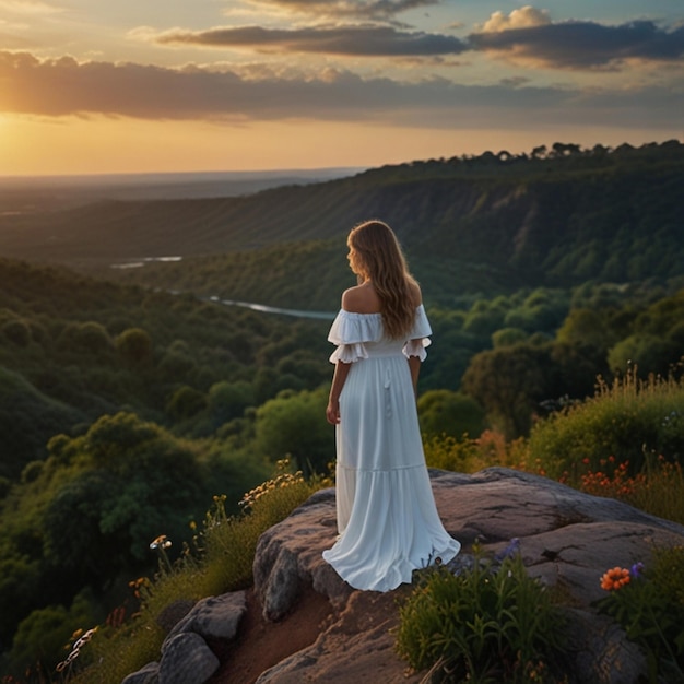 Foto eine ruhige frau mit blick auf eine lebendige landschaft beim sonnenuntergang