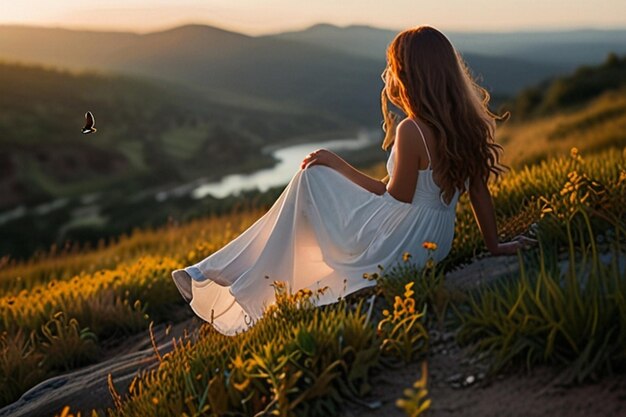 Foto eine ruhige frau mit blick auf eine lebendige landschaft beim sonnenuntergang