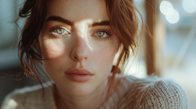 Eine ruhige Frau mit Freckles im sanften Licht