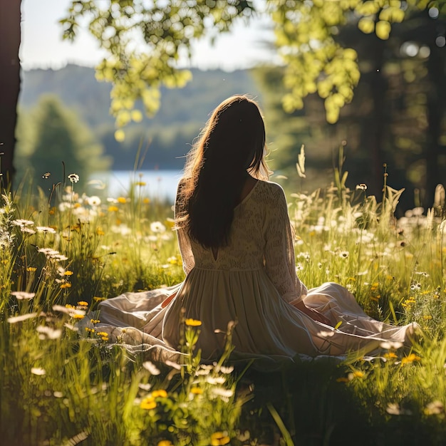 Eine ruhige Frau sitzt auf dem Gras in einer romantischen Umgebung