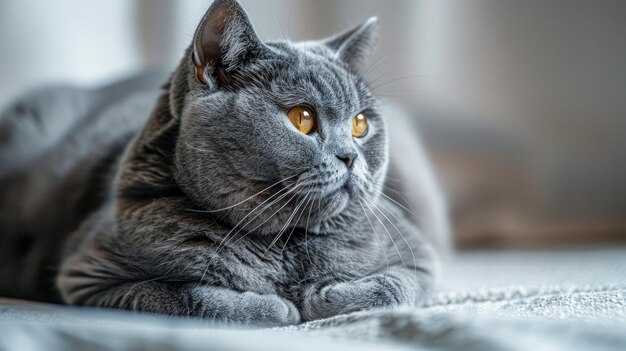 Eine ruhige graue britische Kurzhaarkatze, die sich auf einem bequemen Bett mit elegantem Blick und sanfter Beleuchtung entspannt