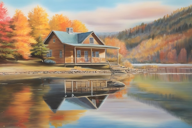 Eine ruhige Hütte am Seeufer, während sich im Herbst buntes Laub im ruhigen Wasser spiegelt