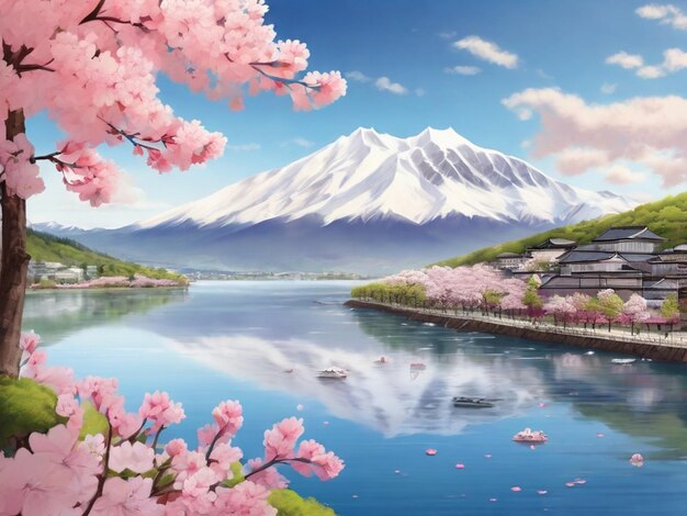 Eine ruhige japanische Berglandschaft im Frühling