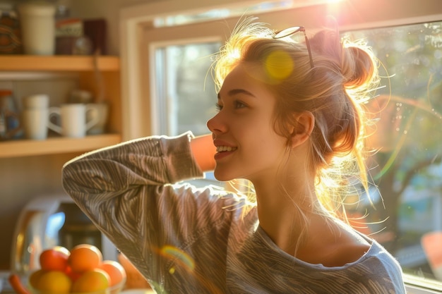 Foto eine ruhige junge frau genießt das sonnenlicht in einer gemütlichen küche mit gesunden früchten auf dem tisch am morgen