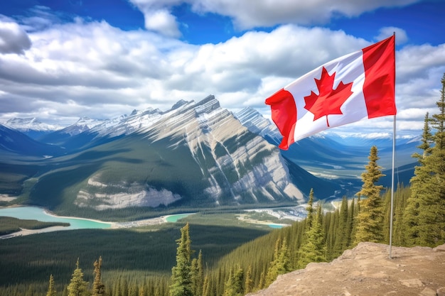 Eine ruhige kanadische Landschaft mit einer Flagge vor dem Hintergrund majestätischer Berge, klarem blauen Wasser und üppigen Wäldern