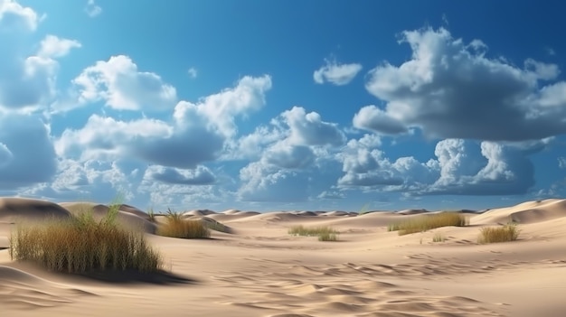 Eine ruhige Landschaft mit sandigem, grünem Gras und flauschigen Wolken am blauen Himmel. Generative KI