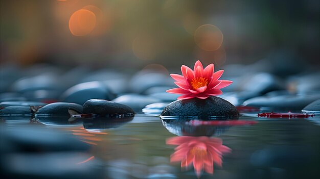 Eine ruhige Lotusblume ruht in der Dämmerung auf ruhigem Wasser