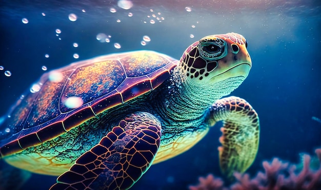 Eine ruhige Meeresschildkröte, die im Ozean schwimmt