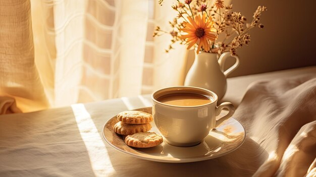 Eine ruhige morgendliche Szene, eine Tasse Tee und Kekse am Nachttisch