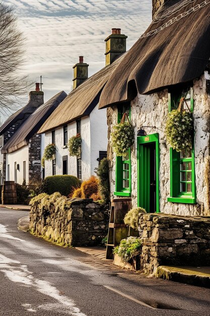 Eine ruhige Morgenszene in einem irischen Dorf, das zum St. Patrick's Day geschmückt ist