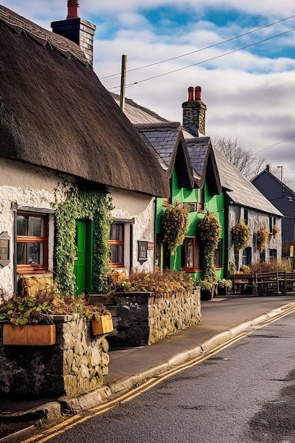 Eine ruhige Morgenszene in einem irischen Dorf, das zum St. Patrick's Day geschmückt ist