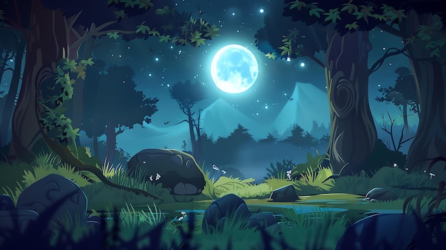 Eine ruhige Nachtszene in einem mystischen Wald, der von einem Vollmond beleuchtet wird