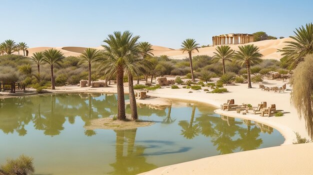 Eine ruhige Oase, umgeben von Sanddünen und antiken Ruinen