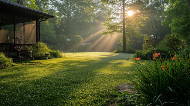 Eine ruhige Ostermorgenszene mit einem mit Tau bedeckten Garten, der perfekt für eine friedliche Reflexion ist