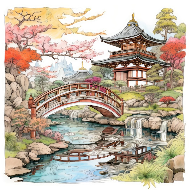 Eine ruhige Reise Mehrfarbiger japanischer Garten mit einer kleinen Brücke und einem Tempel im Stil von Utamaro Kitagawa
