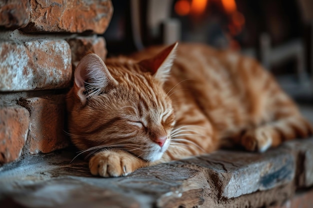 Eine ruhige rote Katze schläft ruhig auf einer weichen Decke und erfreut sich der sanften Wärme, die vom glühenden Kamin hinter ihr ausgeht.