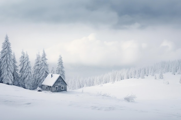 Eine ruhige, schneebedeckte Landschaft mit einer einsamen Hütte