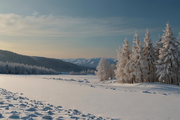 Eine ruhige Schneelandschaft, die mit Winterweiß bedeckt ist