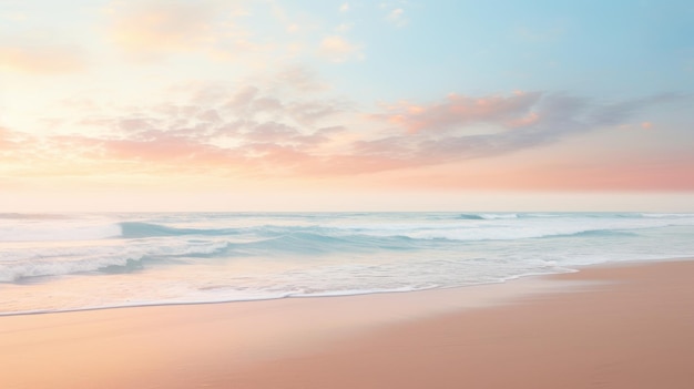 Eine ruhige Strandszene mit krassenden Wellen unter einem farbenfrohen Himmel bei Sonnenuntergang