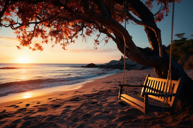 Eine ruhige Strandszene mit weißem Sand und bezauberndem Sonnenuntergang