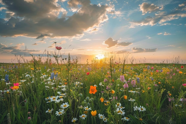 Eine ruhige Symphonie der Farben Ein riesiges Feld von Wildblumen, das sich sanft in der Umarmung eines Frühlings schwankt