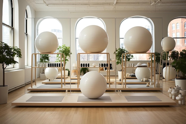 Eine ruhige Szene eines minimalistischen Pilates-Studios in einer generativen IA-Klasse