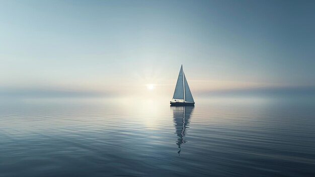 Eine ruhige Szene eines Segelbootes auf ruhigen Gewässern mit einem sanften Sonnenaufgang