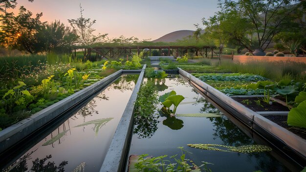 Eine ruhige Szene eines Wasserschutzsystems auf einer nachhaltigen Farm